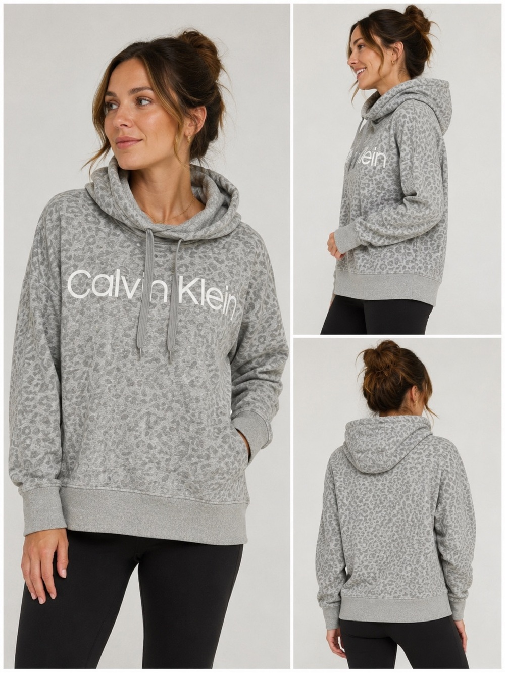 Calvin Klein Grey Leopard Print Funnel Neck Sweatshirt Women’s M